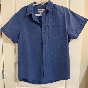 Iron Co. Flamingo Print Men's Blue Large Cotton Shirt Beach Short Sleeve Casual